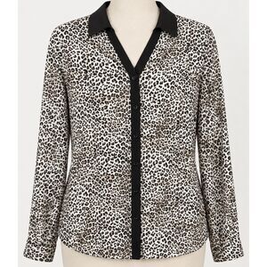 Chico’s Leopard Print Button Down Shirt 2 M/L Animal Print Black Trim No Iron